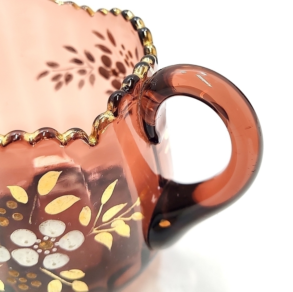 Vintage Amber Glass Serving Set – Hand-Painted Floral Butter Dish, Creamer & Cup - Picture 8 of 15